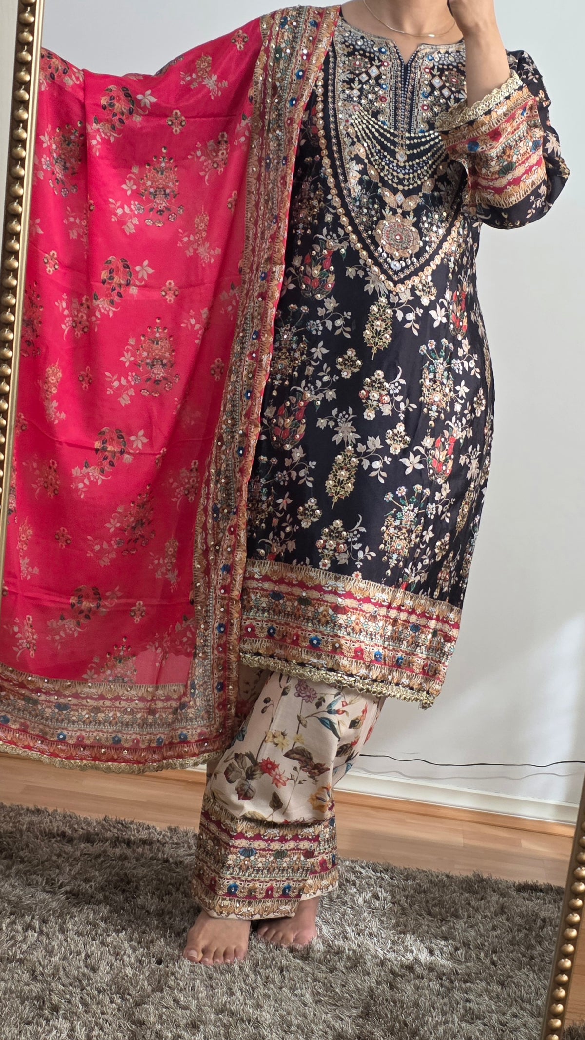 Fuchsia Heritage Embellished Crepe Silk Suit  Set
