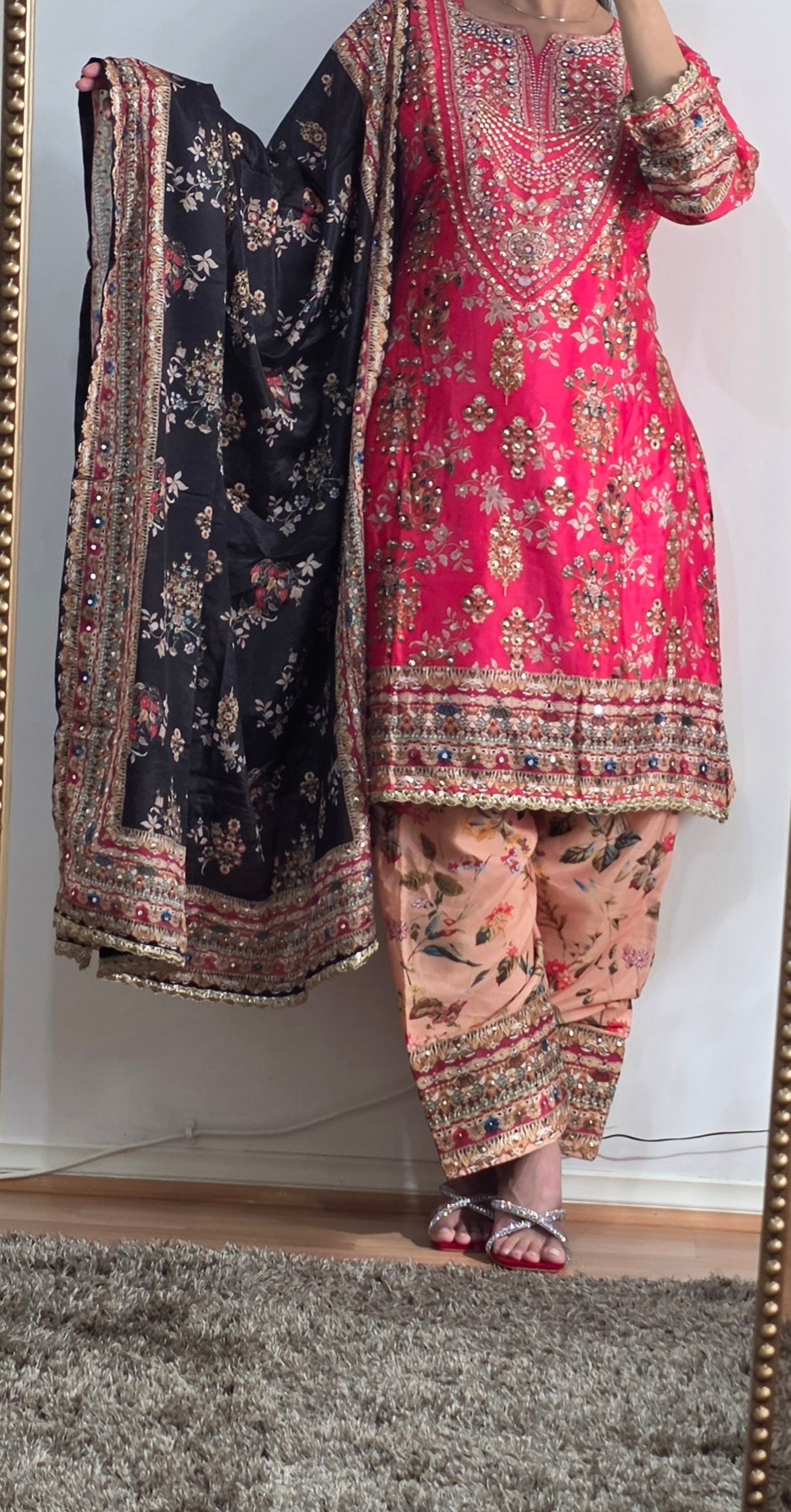 Fuchsia Heritage Embellished Crepe Silk Suit Set