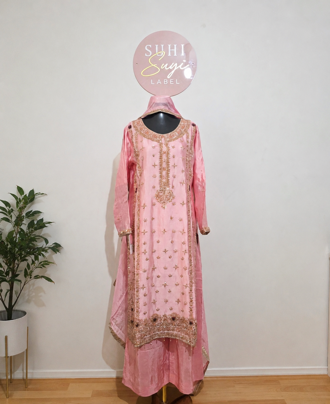 Blush Pink Gold Embroidered 3 Piece Suit