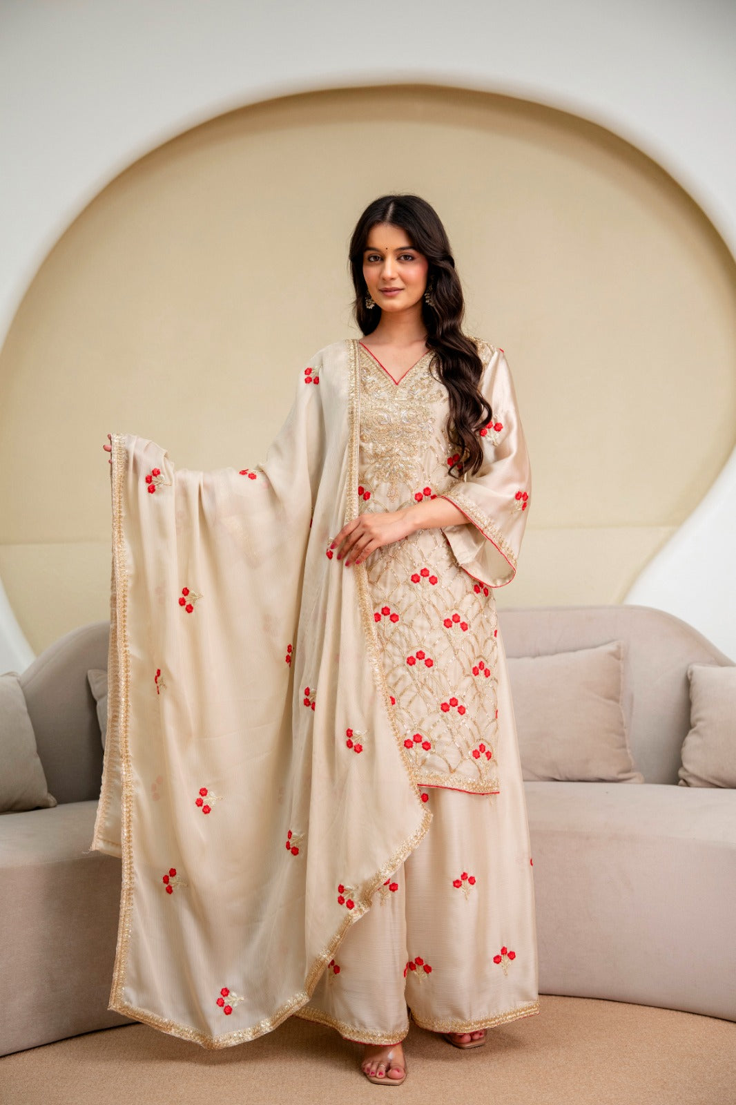 Premium Ivory Floral Embroidered Designer Suit Set