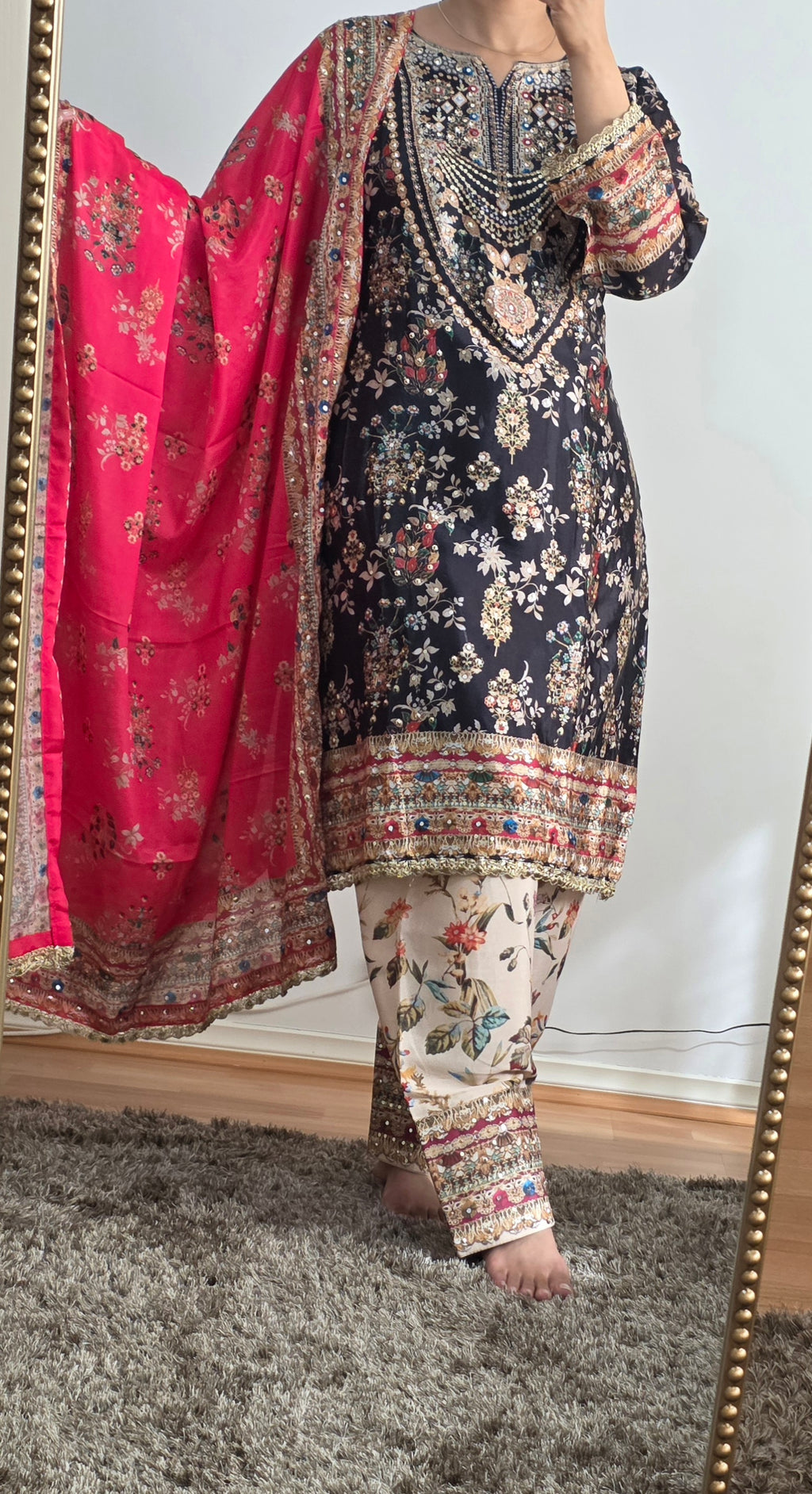 Fuchsia Heritage Embellished Crepe Silk Suit  Set