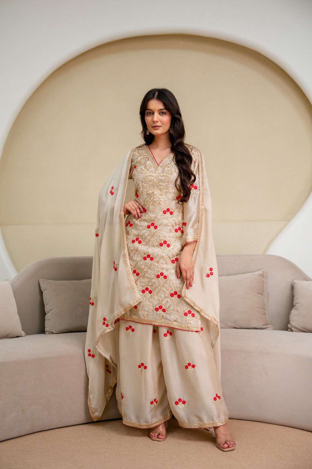 Premium Ivory Floral Embroidered Designer Suit Set