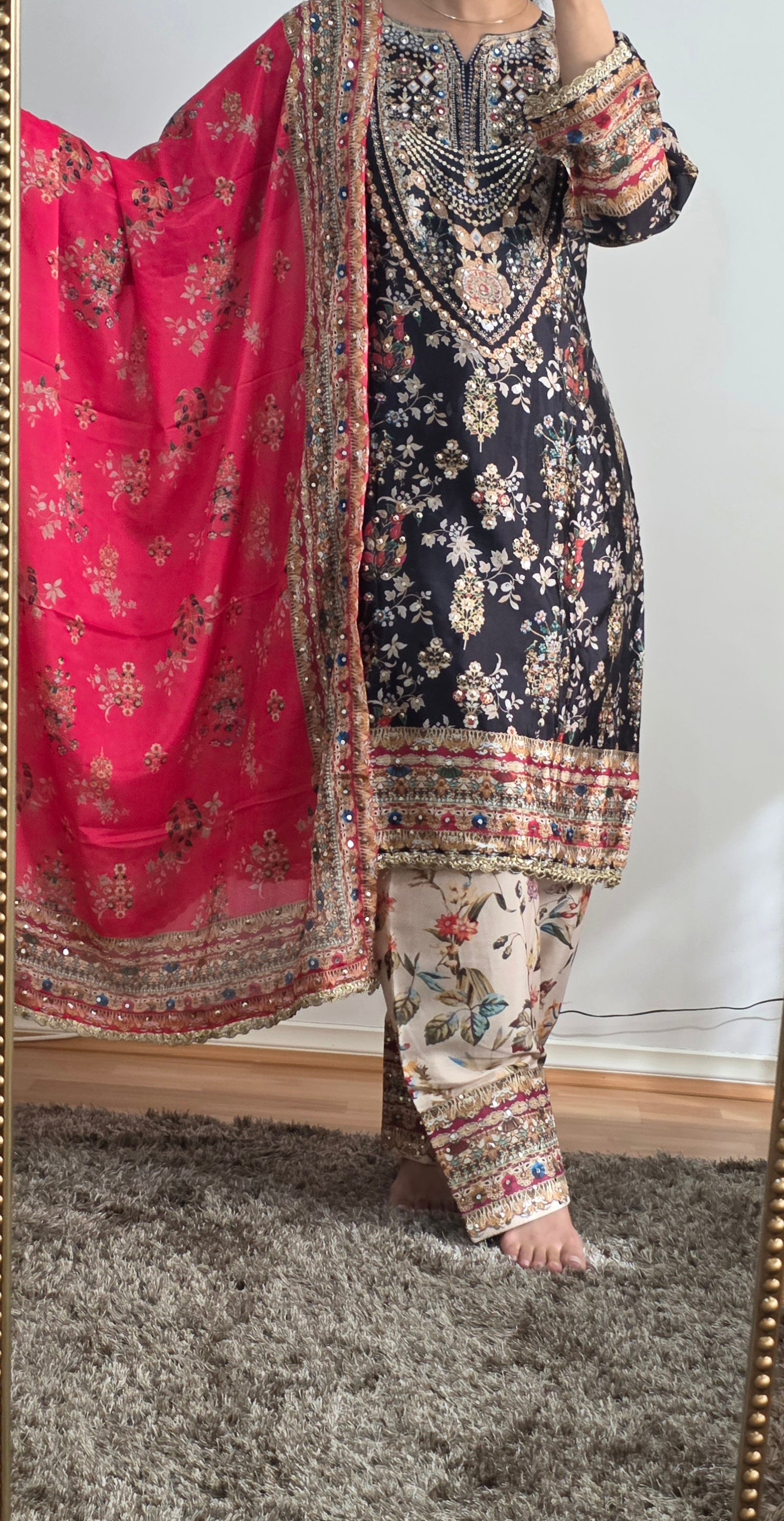 Fuchsia Heritage Embellished Crepe Silk Suit  Set