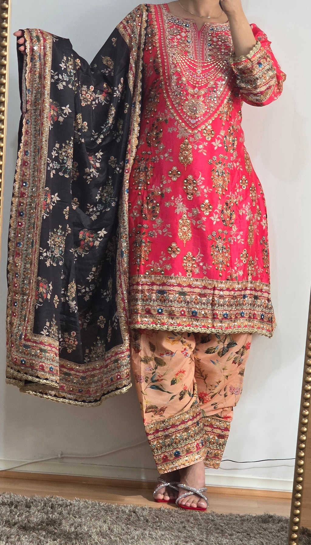 Fuchsia Heritage Embellished Crepe Silk Suit Set