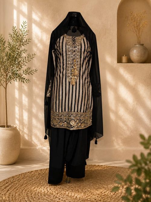 Black suit with sliver print