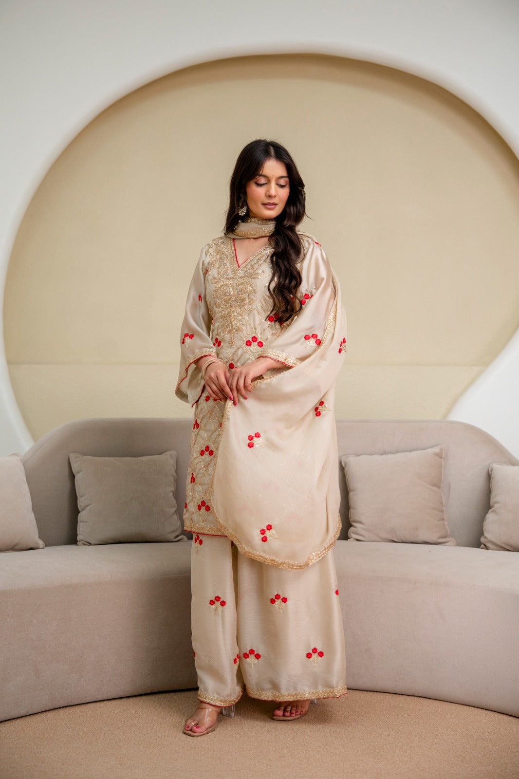 Premium Ivory Floral Embroidered Designer Suit Set