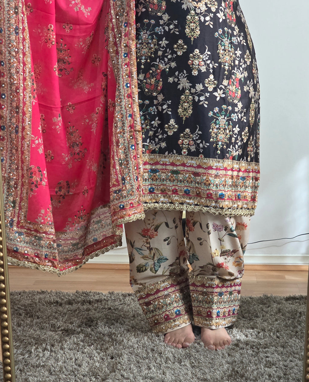 Fuchsia Heritage Embellished Crepe Silk Suit  Set