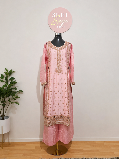 Blush Pink Gold Embroidered 3 Piece Suit