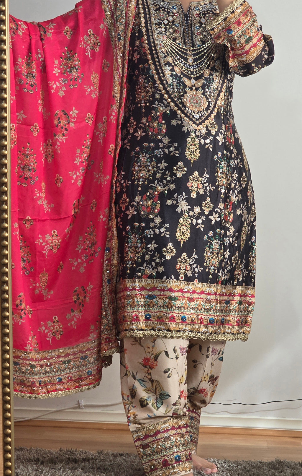 Fuchsia Heritage Embellished Crepe Silk Suit  Set